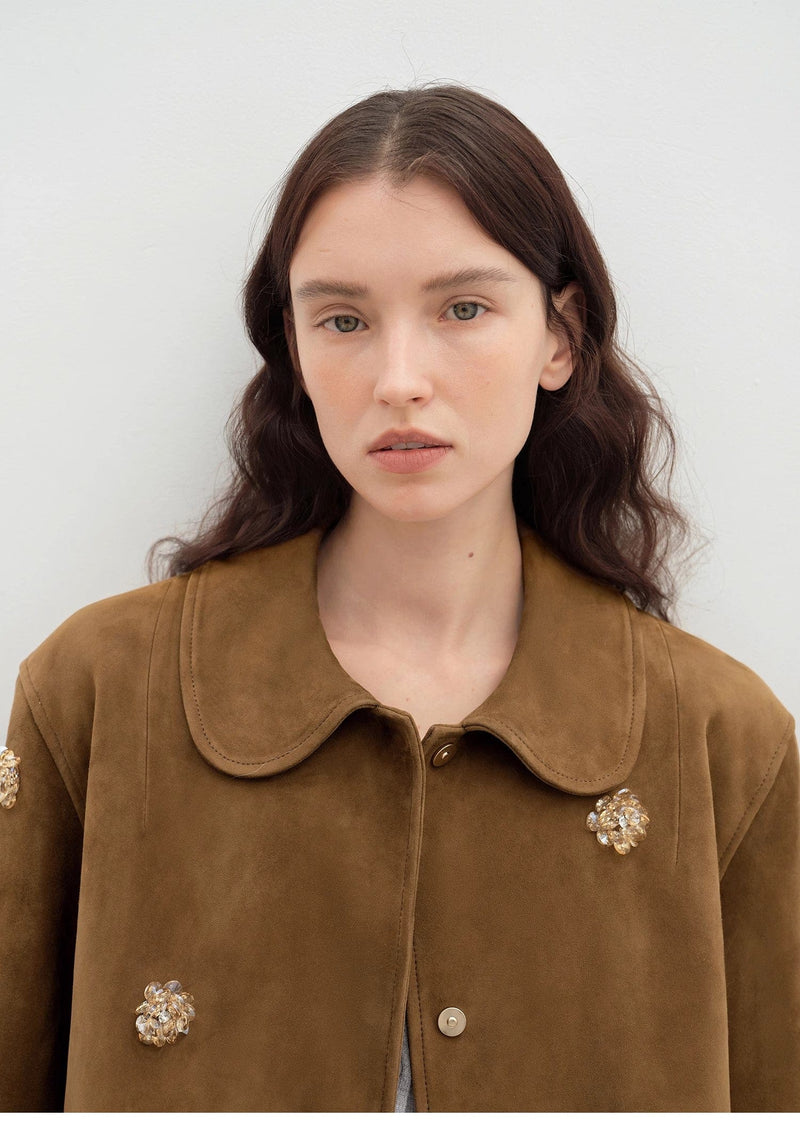Fireladyfur Clothing Women's Fashion - Women's Clothing - Jackets & Coats - Leather Jackets "Velour" High-Grade Beaded Suede Leather Short Leather Jacket for Women