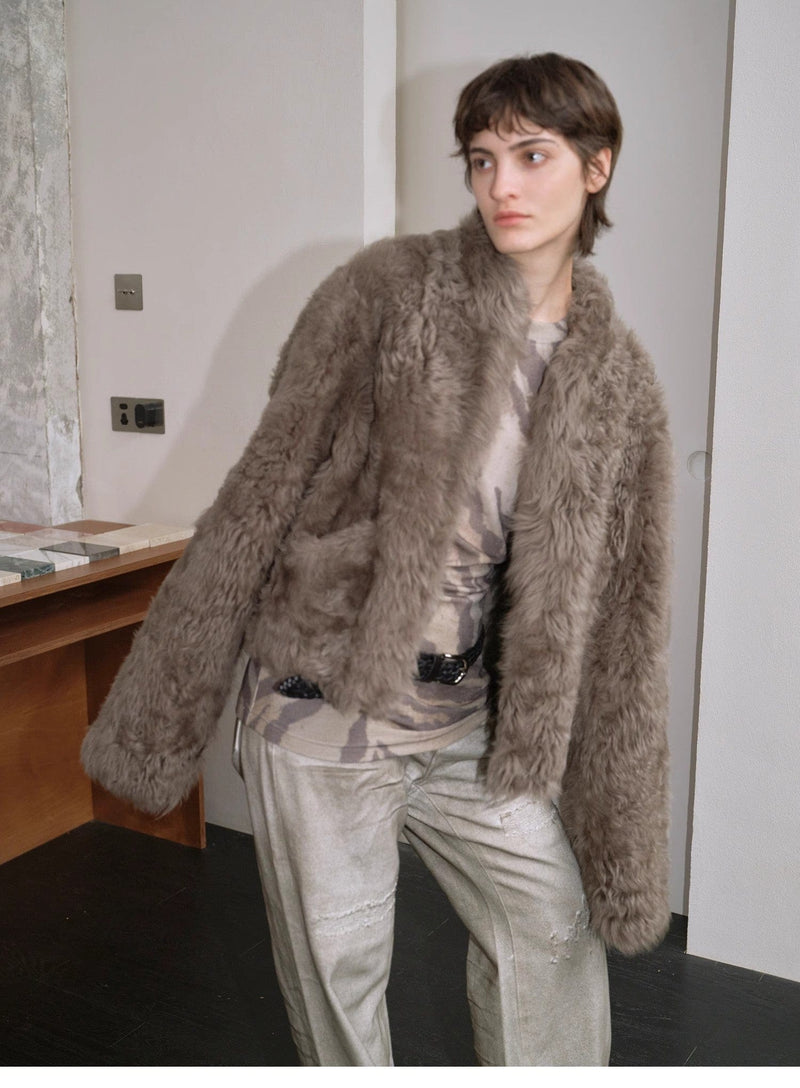 Fireladyfur Clothing Women's Fashion - Women's Clothing - Jackets & Coats - Real Fur "Autumn Basel" Imported Tuscan Sheepskin Half-Roll Short Casual Fur Coat