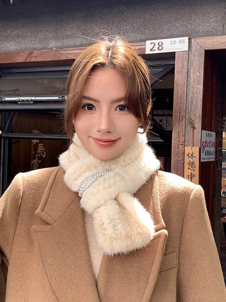 Fireladyfur Clothing Women's Fashion - Women's Clothing - Jackets & Coats - Real Fur Beige-Top Autumn and Winter Warm Double-Sided Woven Rhinestone Mink Fur Versatile Temperament Scarf