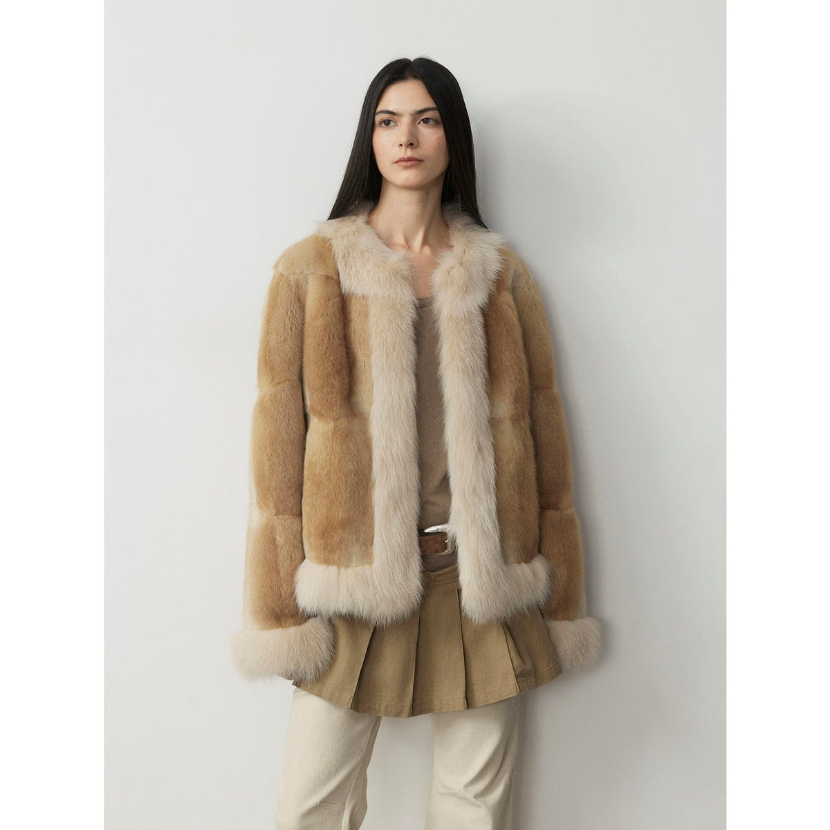 Fireladyfur Clothing Women's Fashion - Women's Clothing - Jackets & Coats - Real Fur "Casual Gene" Wide Shoulder Straight Fit Blue Mink Fur Patchwork With Contrasting Fox Fur Coat for Women