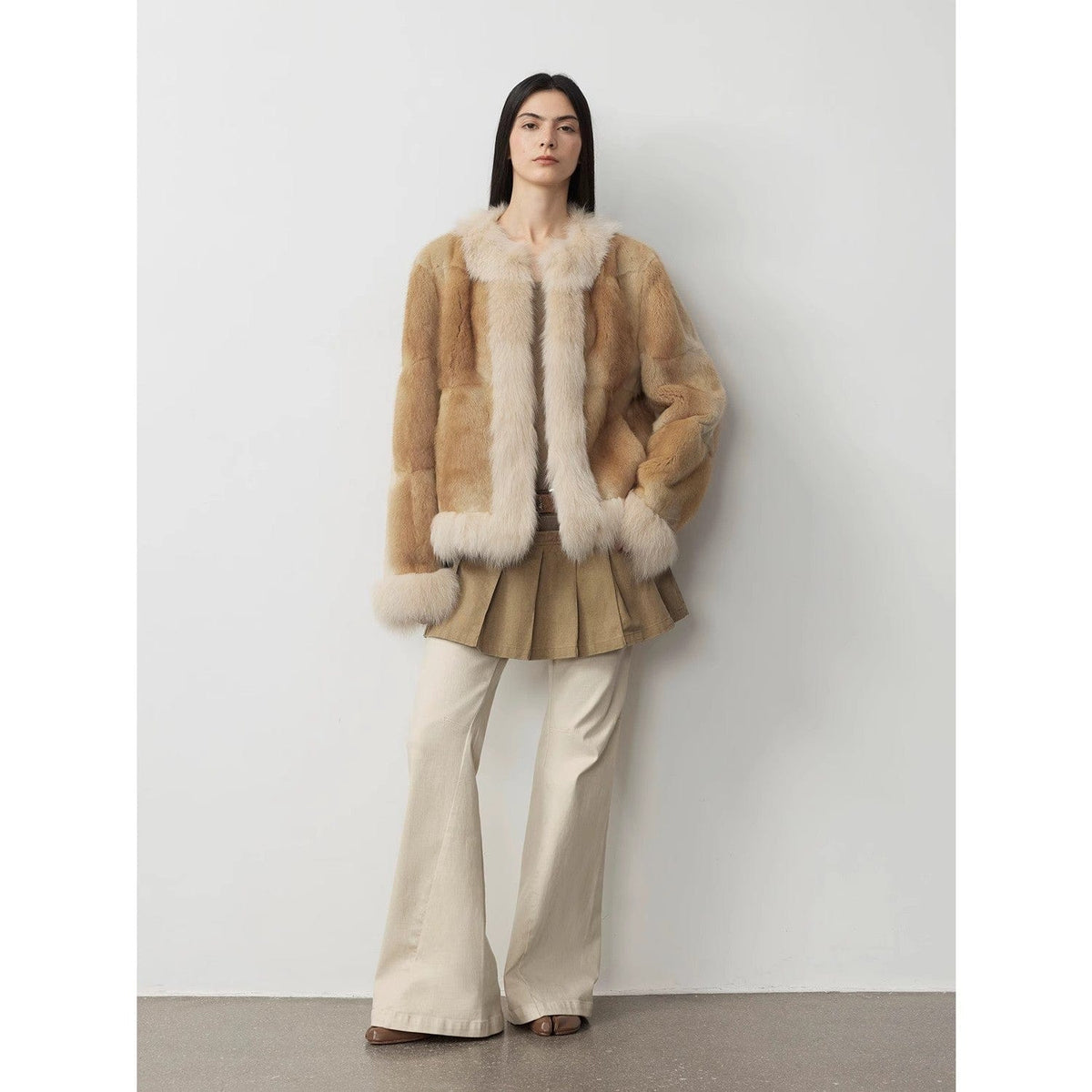 Fireladyfur Clothing Women's Fashion - Women's Clothing - Jackets & Coats - Real Fur "Casual Gene" Wide Shoulder Straight Fit Blue Mink Fur Patchwork With Contrasting Fox Fur Coat for Women