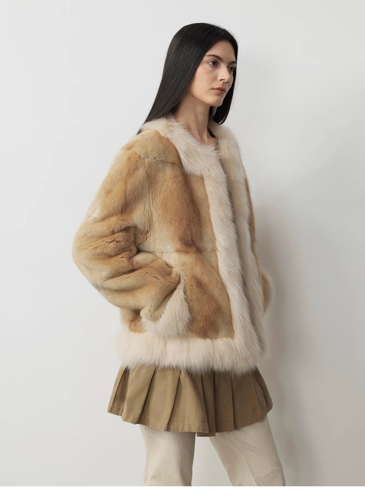 Fireladyfur Clothing Women's Fashion - Women's Clothing - Jackets & Coats - Real Fur "Casual Gene" Wide Shoulder Straight Fit Blue Mink Fur Patchwork With Contrasting Fox Fur Coat for Women
