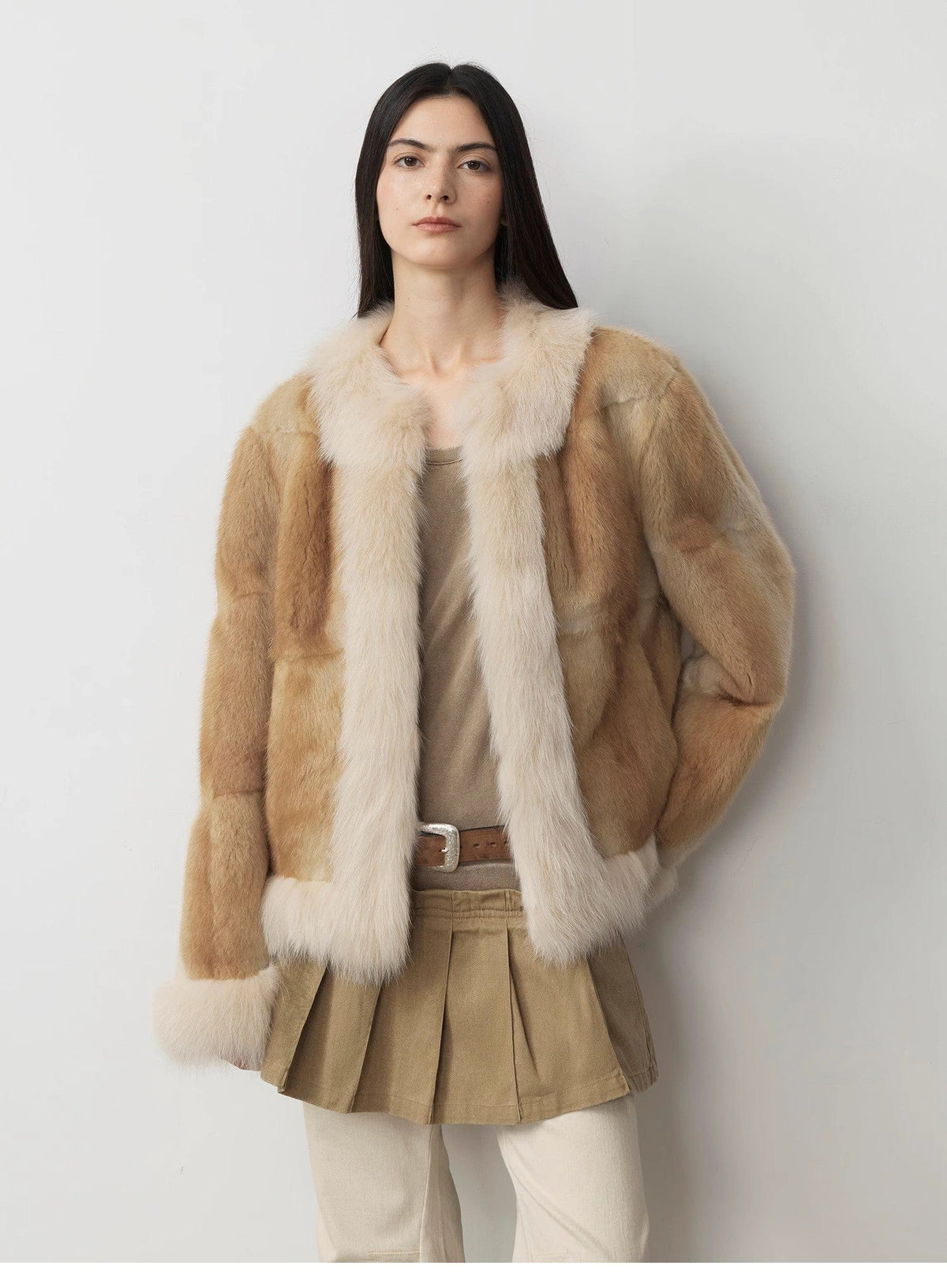 Fireladyfur Clothing Women's Fashion - Women's Clothing - Jackets & Coats - Real Fur "Casual Gene" Wide Shoulder Straight Fit Blue Mink Fur Patchwork With Contrasting Fox Fur Coat for Women