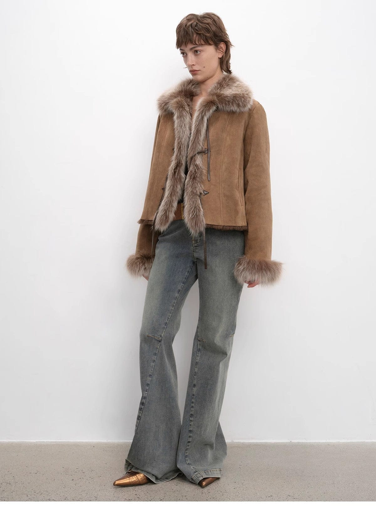 Fireladyfur Clothing Women's Fashion - Women's Clothing - Jackets & Coats - Real Fur "Florence" Imported Merino Wool Sheepskin Patchwork Fox Fur Collar Fur Coat Winter