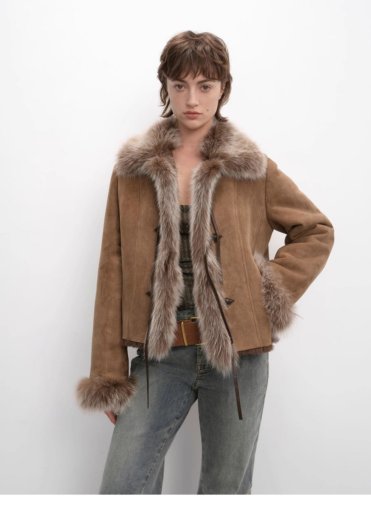Fireladyfur Clothing Women's Fashion - Women's Clothing - Jackets & Coats - Real Fur "Florence" Imported Merino Wool Sheepskin Patchwork Fox Fur Collar Fur Coat Winter