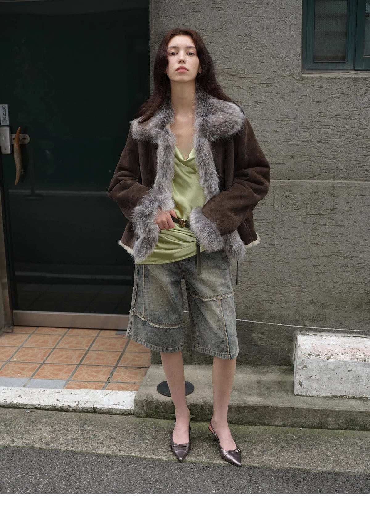 Fireladyfur Clothing Women's Fashion - Women's Clothing - Jackets & Coats - Real Fur "Florence" Imported Merino Wool Sheepskin Patchwork Fox Fur Collar Fur Coat Winter