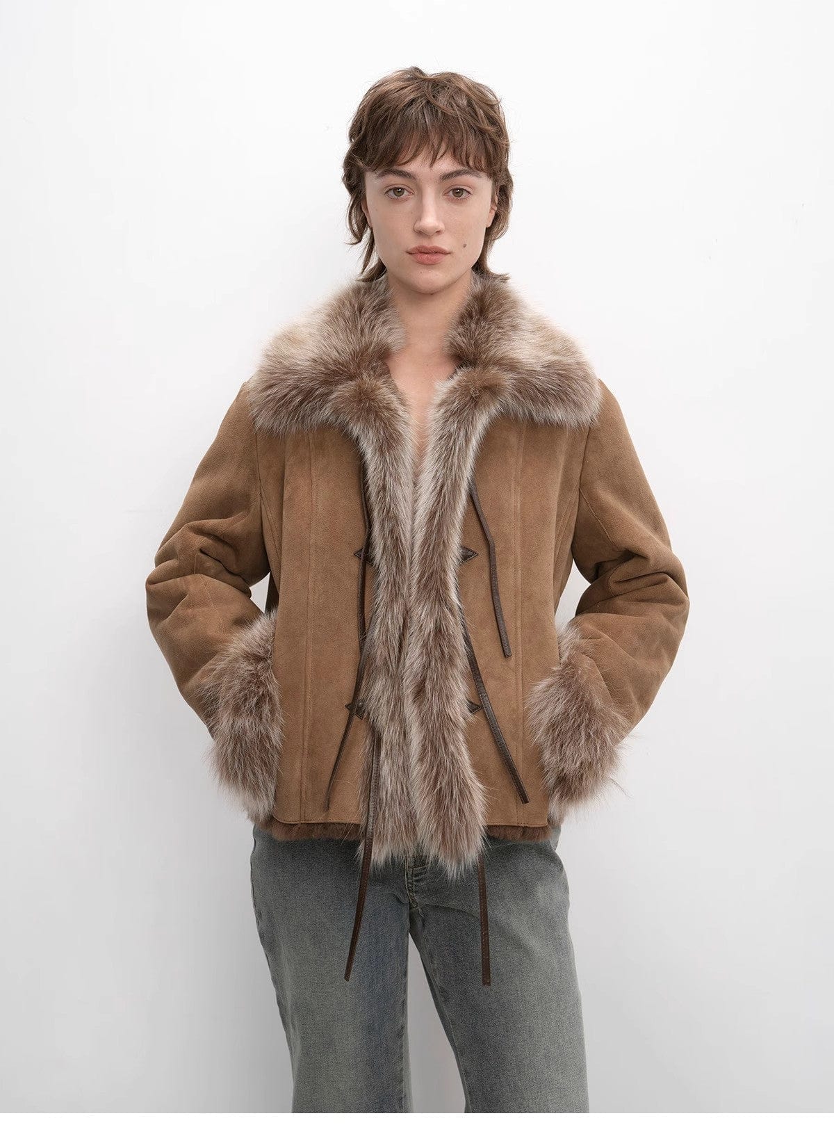Fireladyfur Clothing Women's Fashion - Women's Clothing - Jackets & Coats - Real Fur "Florence" Imported Merino Wool Sheepskin Patchwork Fox Fur Collar Fur Coat Winter