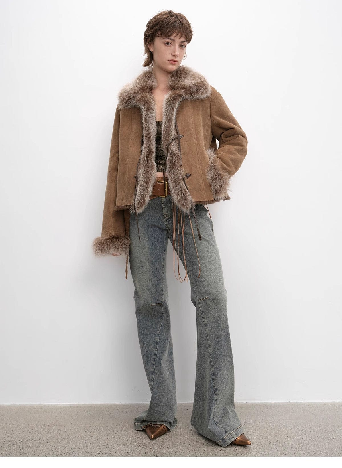 Fireladyfur Clothing Women's Fashion - Women's Clothing - Jackets & Coats - Real Fur "Florence" Imported Merino Wool Sheepskin Patchwork Fox Fur Collar Fur Coat Winter