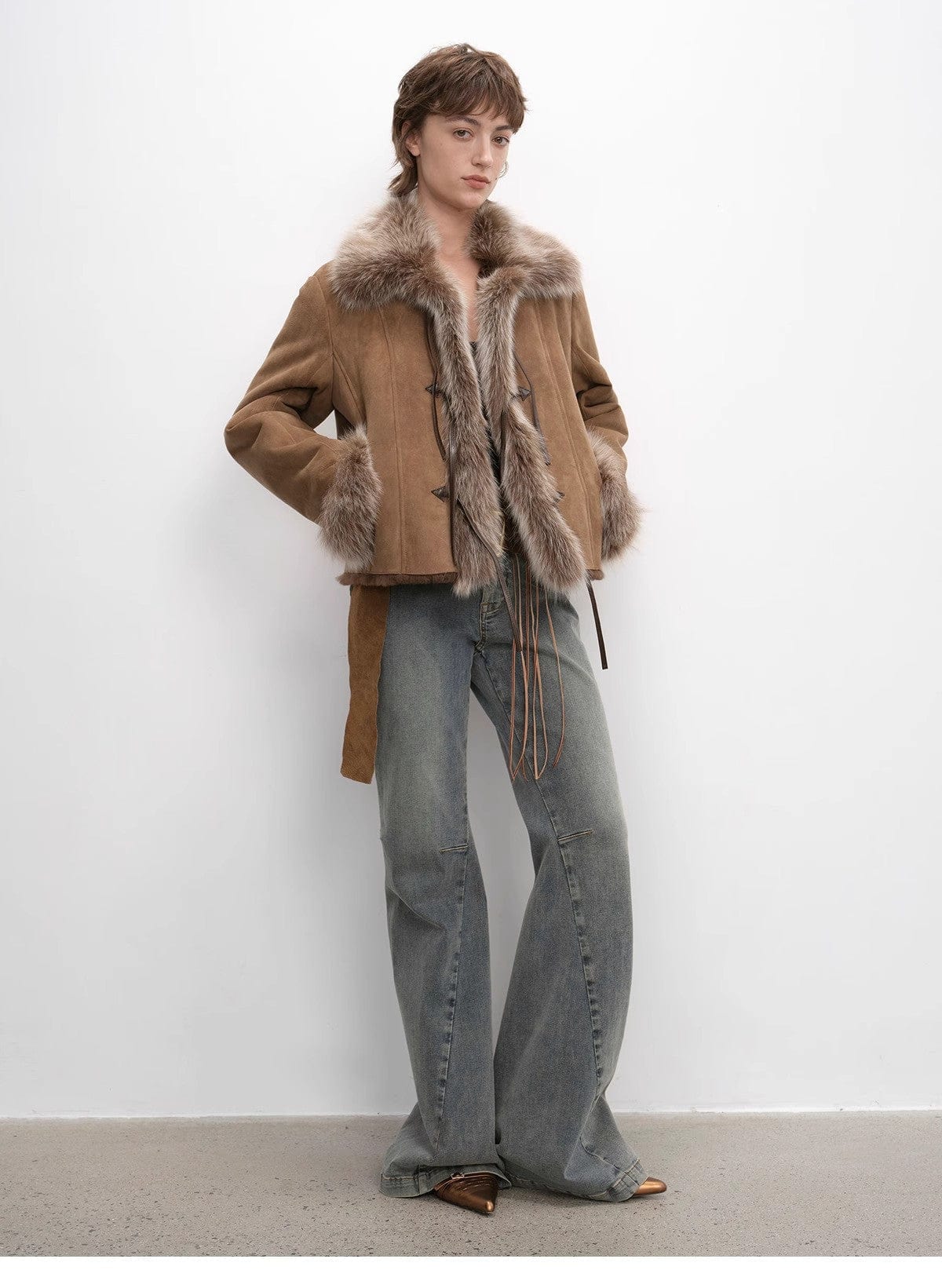 Fireladyfur Clothing Women's Fashion - Women's Clothing - Jackets & Coats - Real Fur "Florence" Imported Merino Wool Sheepskin Patchwork Fox Fur Collar Fur Coat Winter