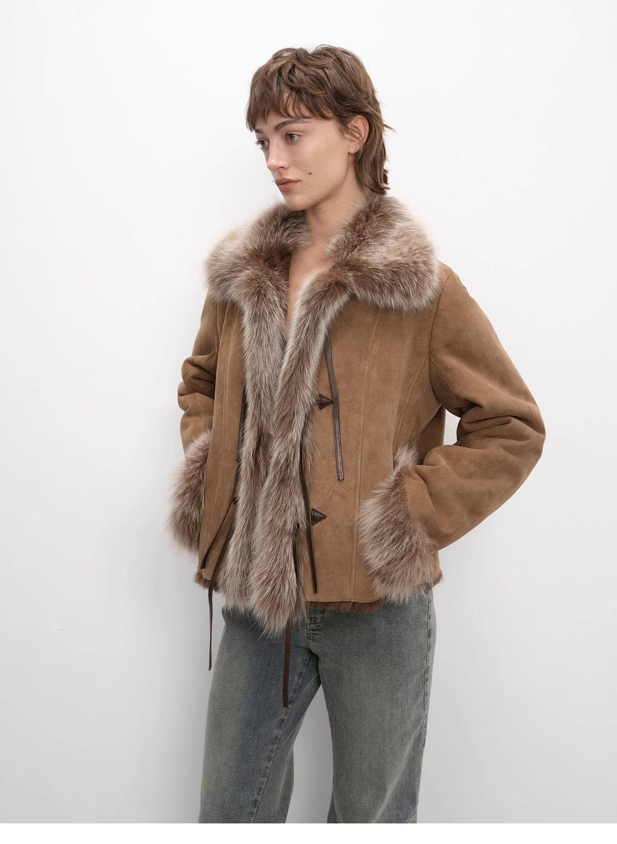 Fireladyfur Clothing Women's Fashion - Women's Clothing - Jackets & Coats - Real Fur "Florence" Imported Merino Wool Sheepskin Patchwork Fox Fur Collar Fur Coat Winter