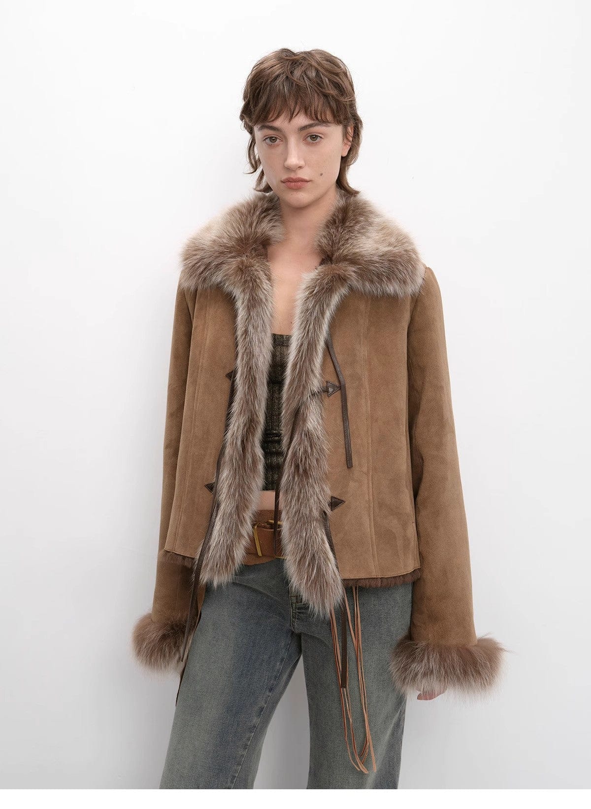 Fireladyfur Clothing Women's Fashion - Women's Clothing - Jackets & Coats - Real Fur "Florence" Imported Merino Wool Sheepskin Patchwork Fox Fur Collar Fur Coat Winter