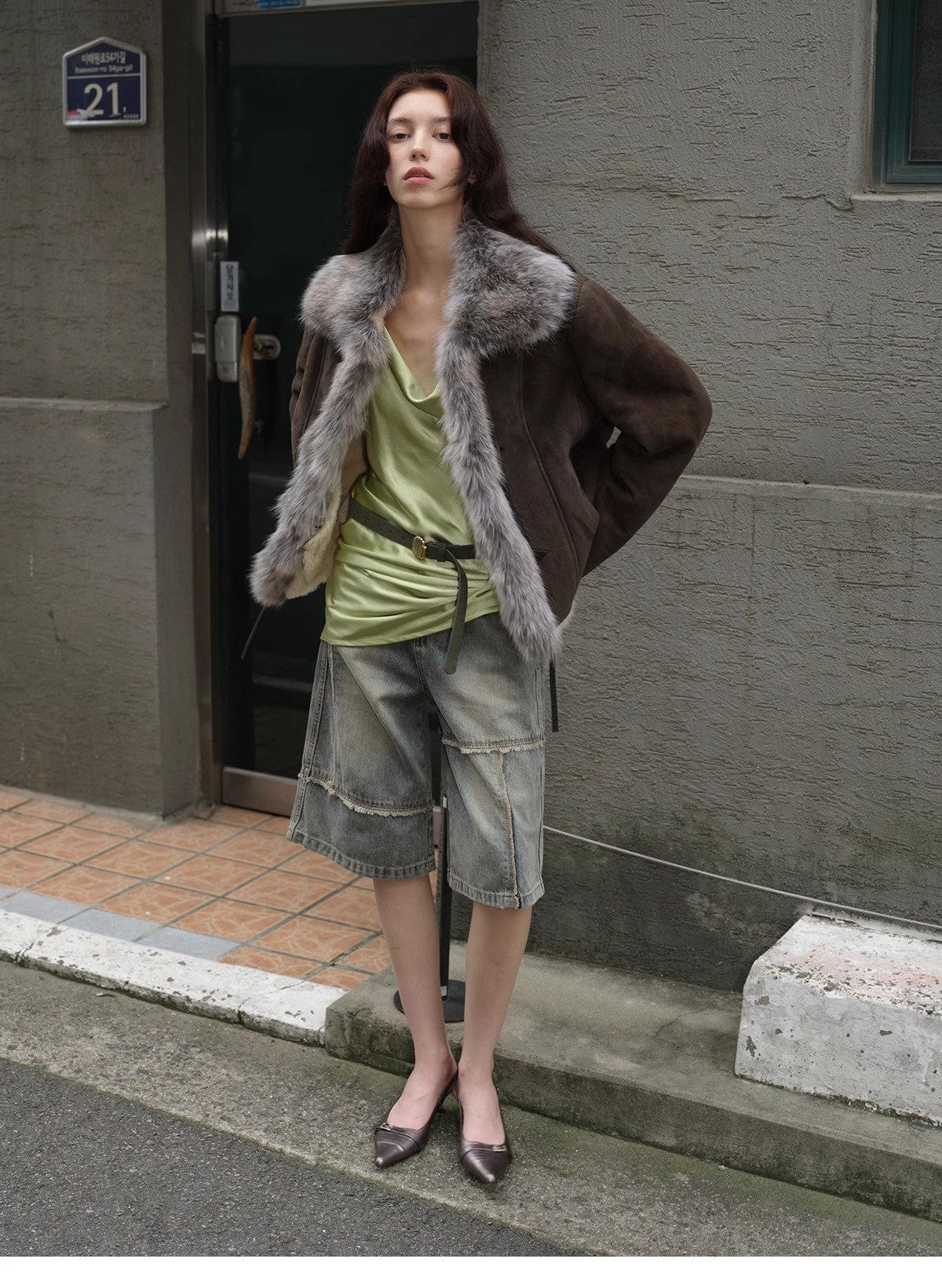 Fireladyfur Clothing Women's Fashion - Women's Clothing - Jackets & Coats - Real Fur "Florence" Imported Merino Wool Sheepskin Patchwork Fox Fur Collar Fur Coat Winter