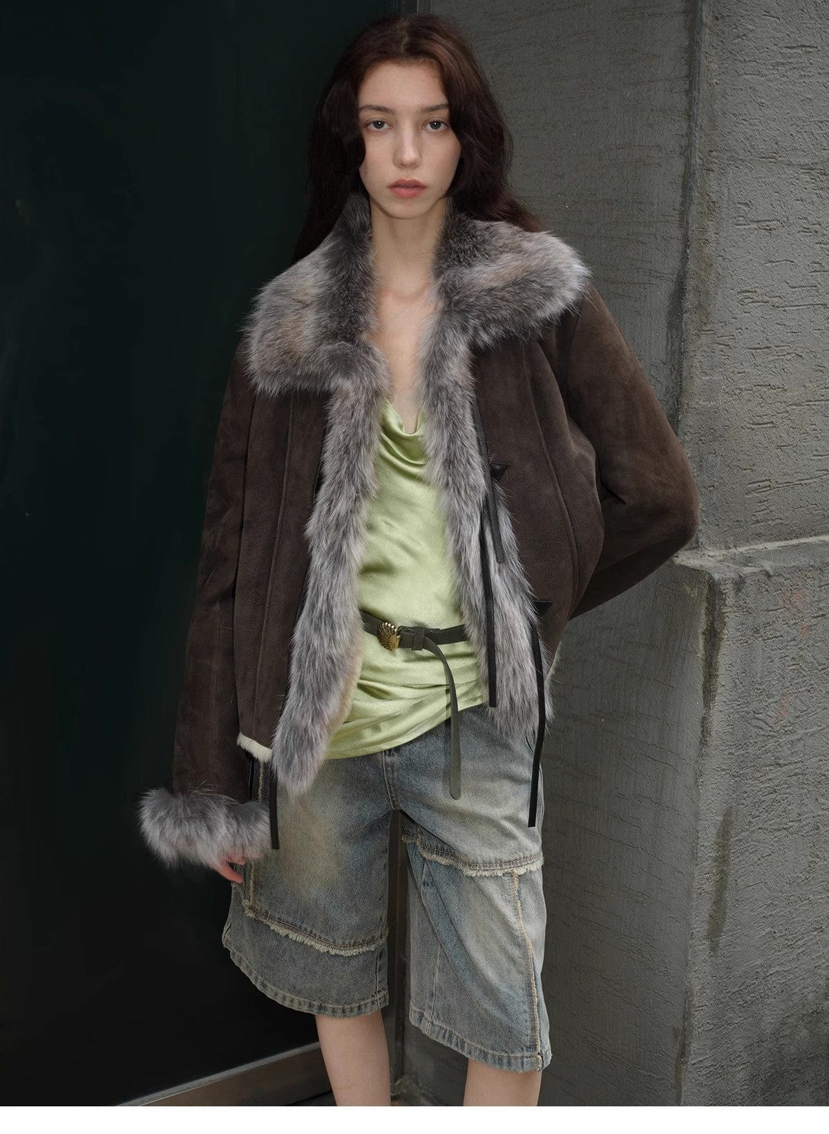 Fireladyfur Clothing Women's Fashion - Women's Clothing - Jackets & Coats - Real Fur "Florence" Imported Merino Wool Sheepskin Patchwork Fox Fur Collar Fur Coat Winter