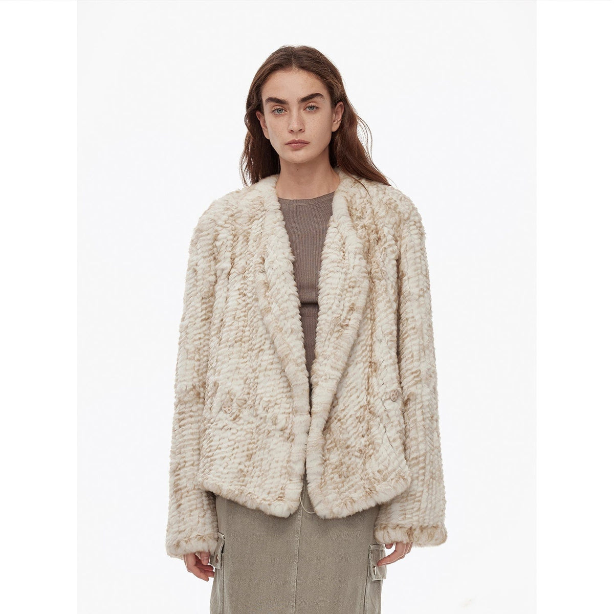Fireladyfur Clothing Women's Fashion - Women's Clothing - Jackets & Coats - Real Fur "Inspiration Glimpse" Lapel Double-Breasted Loose Woven Rex Rabbit Fur Coat for Women in Winter