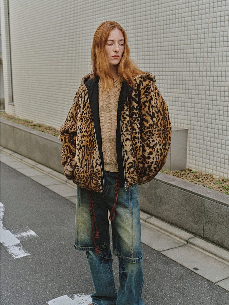 Fireladyfur Clothing Women's Fashion - Women's Clothing - Jackets & Coats - Real Fur "Leopard Fantasy" Leopard Spot Print Reversible Drop Shoulder Hooded Custom Rabbit Fur Coat