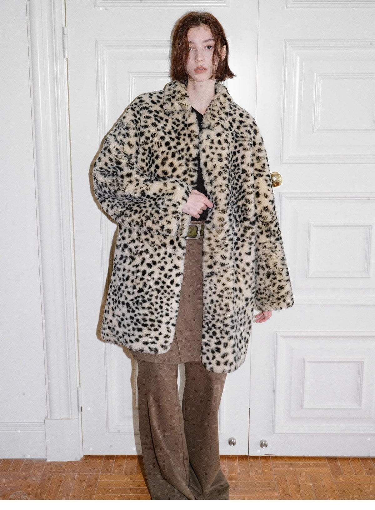 Fireladyfur Clothing Women's Fashion - Women's Clothing - Jackets & Coats - Real Fur "Leopard Print Sniper" Imported Merino Sheepskin Fashionable Off-Shoulder Slim Mid-Length Fur Coat