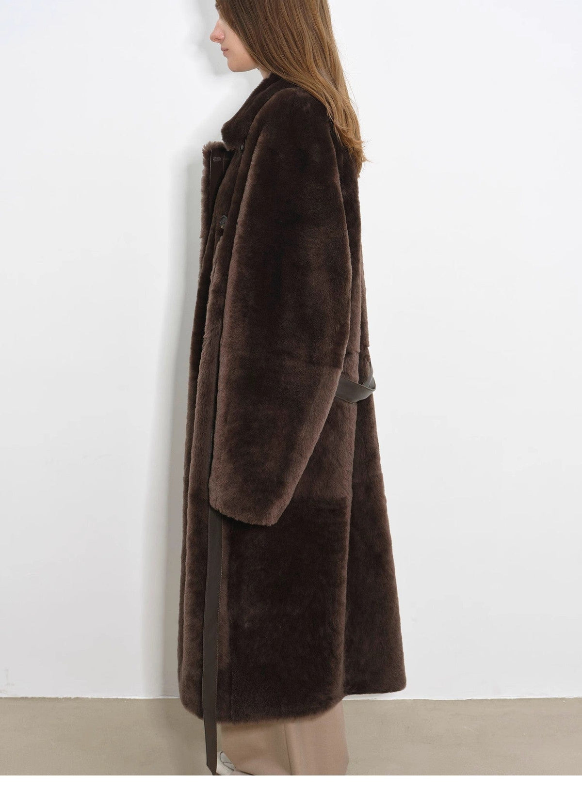 Fireladyfur Clothing Women's Fashion - Women's Clothing - Jackets & Coats - Real Fur "Mocha Phantom" Merino Wool Dropped Shoulder Long Asymmetric Placket Sheepskin Coat