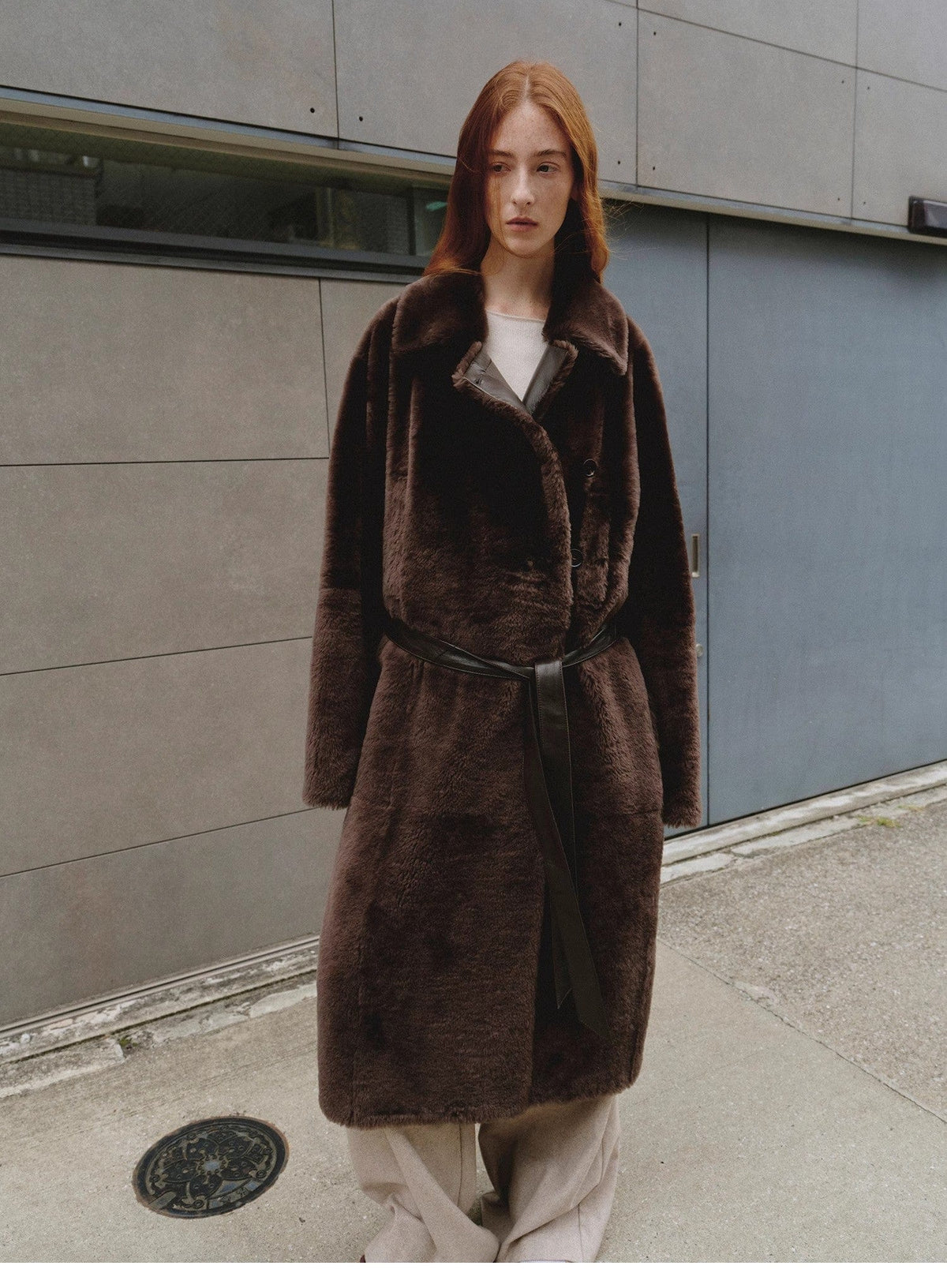Fireladyfur Clothing Women's Fashion - Women's Clothing - Jackets & Coats - Real Fur "Mocha Phantom" Merino Wool Dropped Shoulder Long Asymmetric Placket Sheepskin Coat