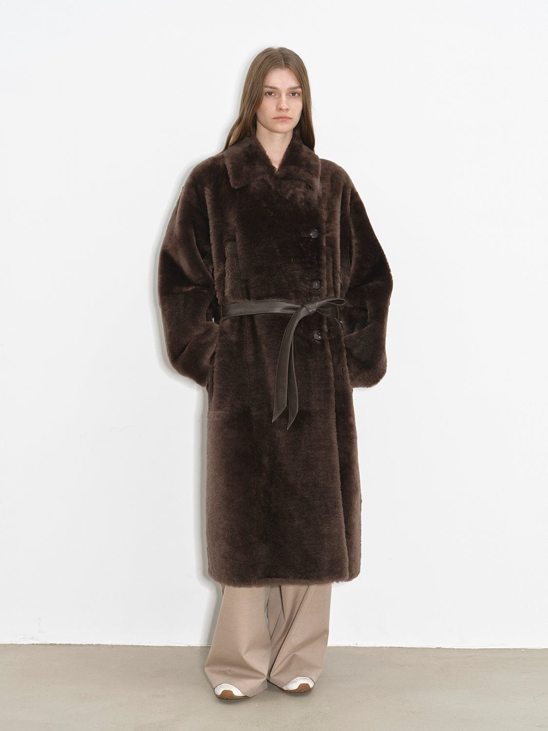 Fireladyfur Clothing Women's Fashion - Women's Clothing - Jackets & Coats - Real Fur "Mocha Phantom" Merino Wool Dropped Shoulder Long Asymmetric Placket Sheepskin Coat