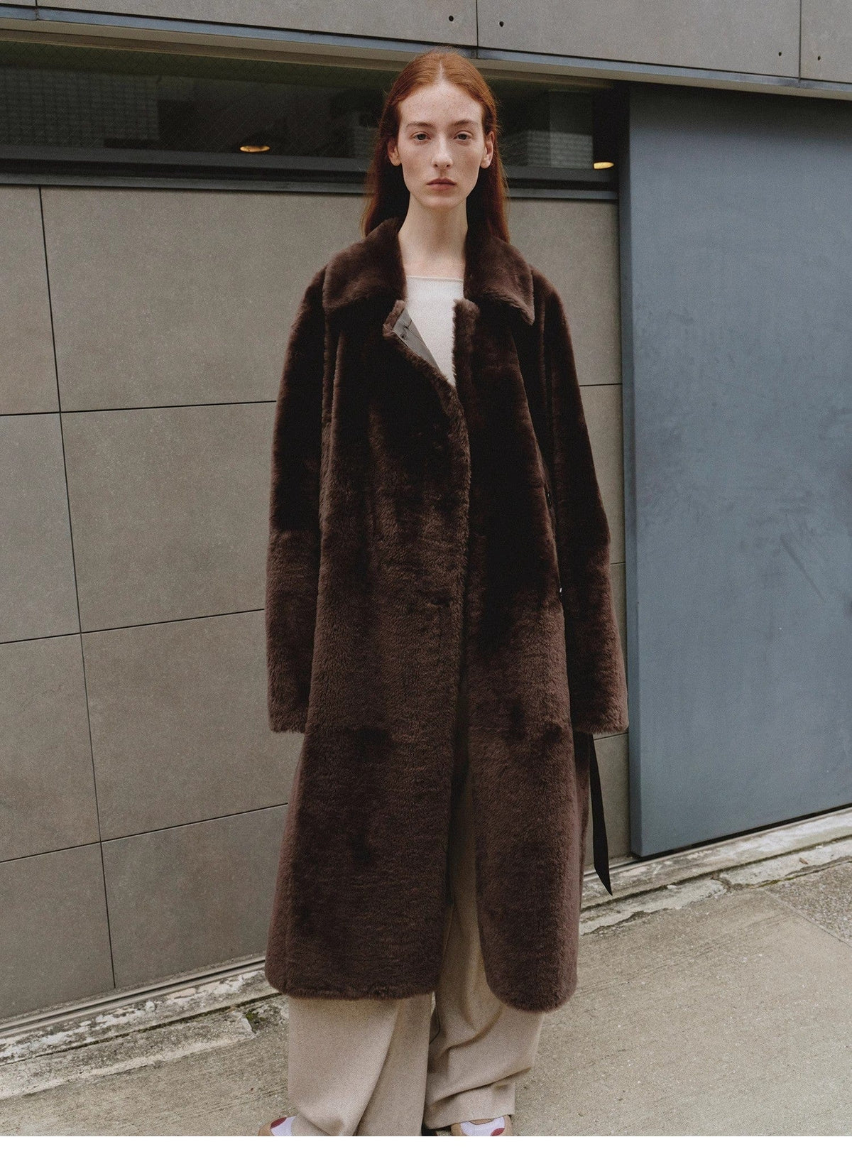 Fireladyfur Clothing Women's Fashion - Women's Clothing - Jackets & Coats - Real Fur "Mocha Phantom" Merino Wool Dropped Shoulder Long Asymmetric Placket Sheepskin Coat