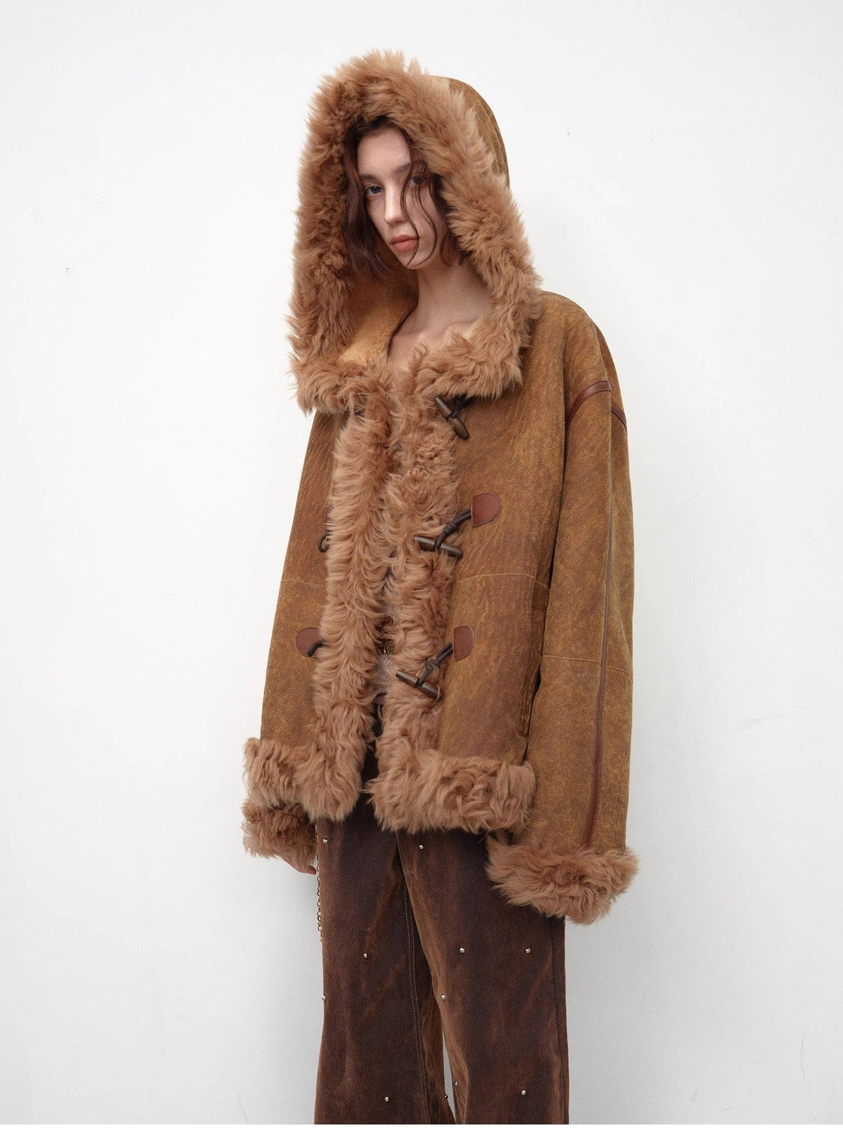 Fireladyfur Clothing Women's Fashion - Women's Clothing - Jackets & Coats - Real Fur "Modern Weekend" Drop Shoulder Hooded Merino Wool Sheepskin Fur Coat Winter