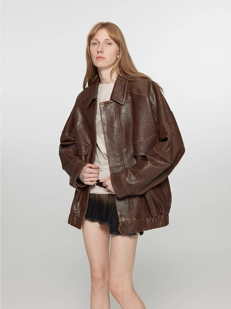 Fireladyfur Clothing Women's Fashion - Women's Clothing - Jackets & Coats - Real Fur Rebel Vintage Distressed Waxed Sheepskin Silhouette Lapel Leather Jacket