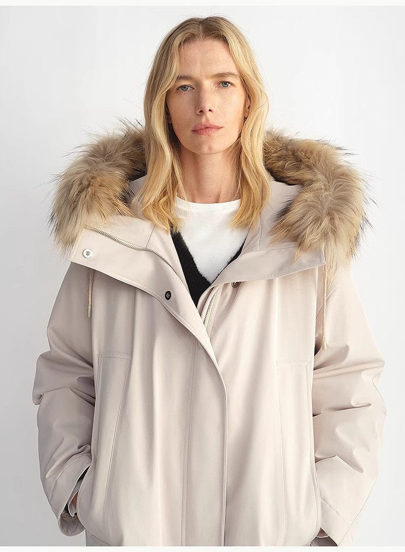 Fireladyfur Clothing Women's Fashion - Women's Clothing - Jackets & Coats - Real Fur Removable Raccoon Fur Collar 90 White Velvet Parka Women's Double Zipper Coat