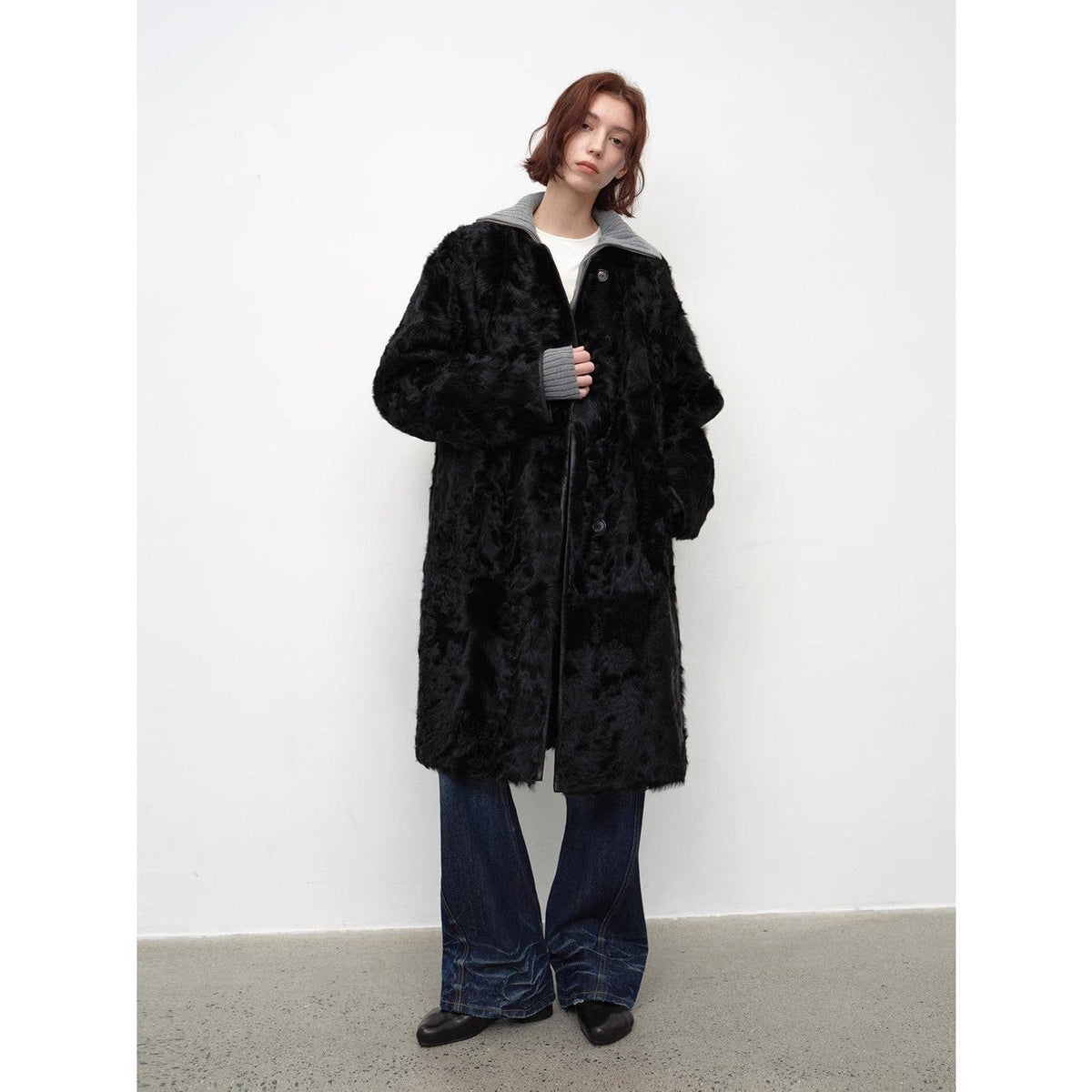 Fireladyfur Clothing Women's Fashion - Women's Clothing - Jackets & Coats - Real Fur "Roman Theater" Sheepskin Fur One-Piece Long Round Neck Straight Fur Coat for Women Winter
