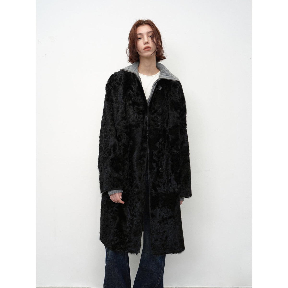 Fireladyfur Clothing Women's Fashion - Women's Clothing - Jackets & Coats - Real Fur S（4-6） / Black "Roman Theater" Sheepskin Fur One-Piece Long Round Neck Straight Fur Coat for Women Winter