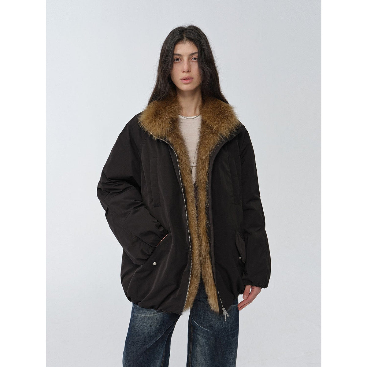 Fireladyfur Clothing Women's Fashion - Women's Clothing - Jackets & Coats - Real Fur S（4-6） / Black "Warm Dialogue" Two-Tone Fox Fur Collar Detachable 90 Goose Down Jacket Mid-Length Down Parka