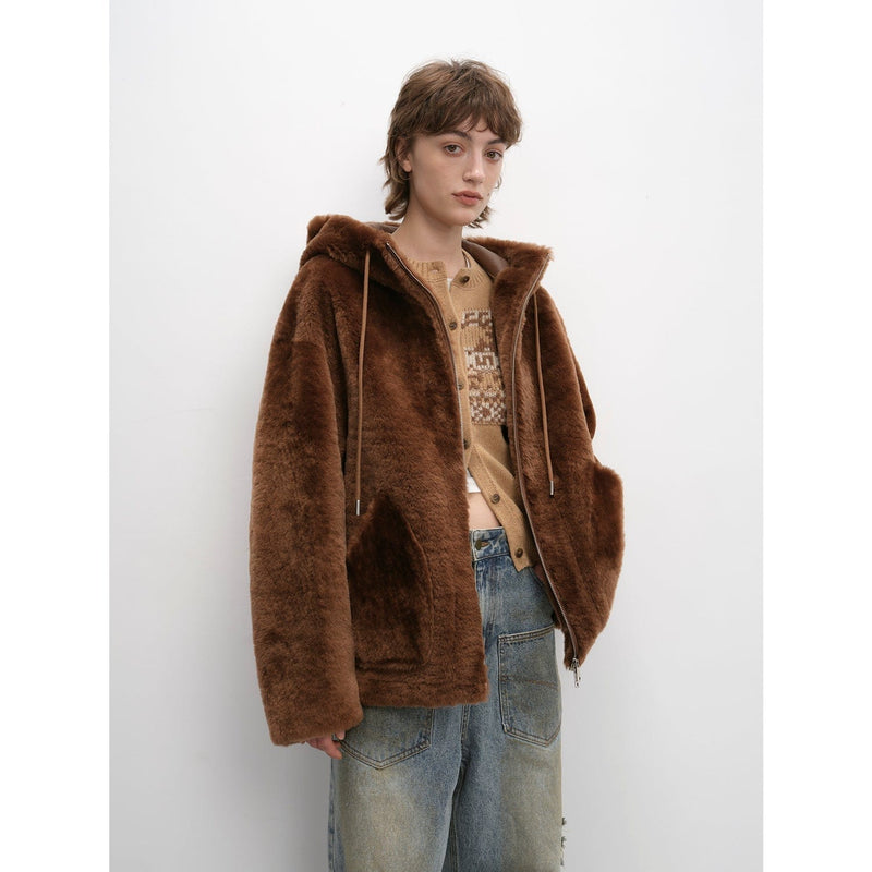 Fireladyfur Clothing Women's Fashion - Women's Clothing - Jackets & Coats - Real Fur S（4-6） / Brown "Otaru Snow" Casual Hooded Silhouette Dropped Shoulder Merino Wool Sheepskin Fur Coat for Women