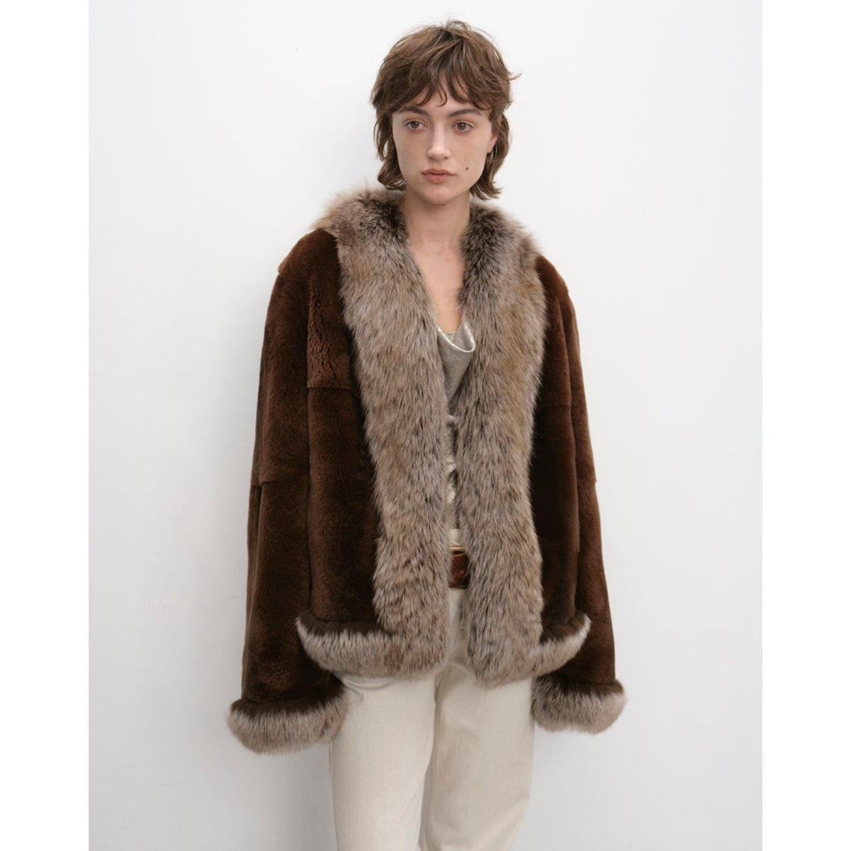 Fireladyfur Clothing Women's Fashion - Women's Clothing - Jackets & Coats - Real Fur S（4-6） / Brown Sable Mink Paris Pictorial Vintage Two-Tone Fox Fur Collar Soft Otter Fur Jacket