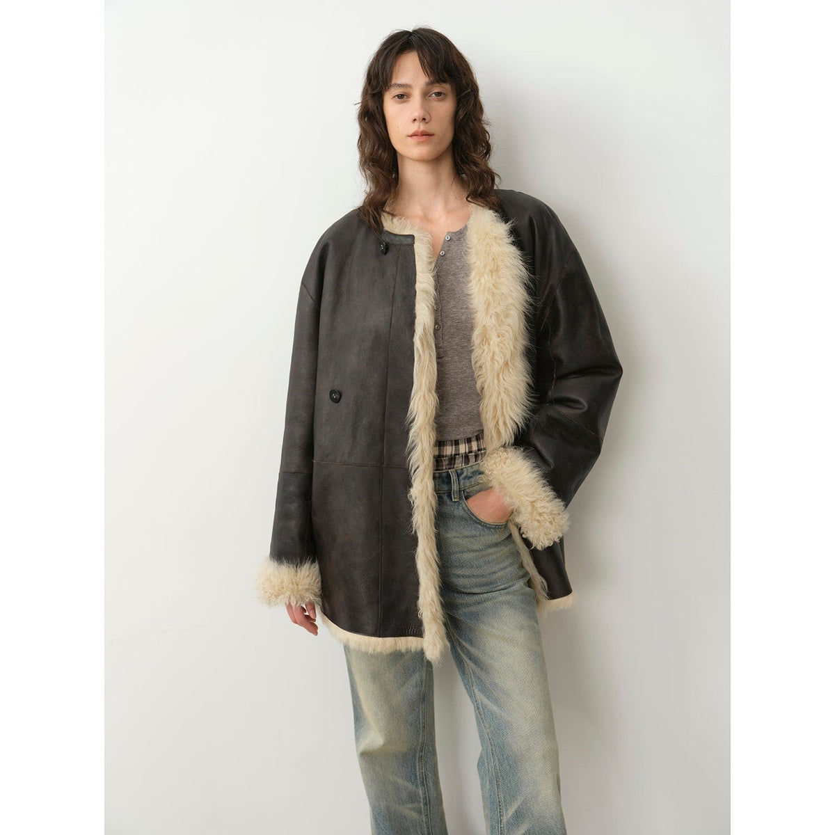Fireladyfur Clothing Women's Fashion - Women's Clothing - Jackets & Coats - Real Fur S（4-6） / Dark Brown "Double-Sided Fantasy" Simple Elegant Casual Double-Sided Tuscan Wool Sheepskin Fur Coat for Women
