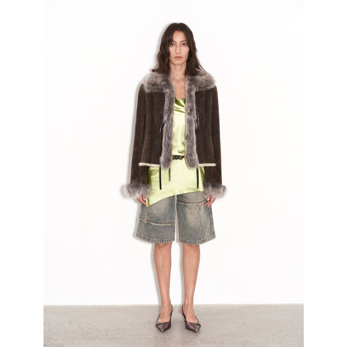 Fireladyfur Clothing Women's Fashion - Women's Clothing - Jackets & Coats - Real Fur S（4-6） / Dark Brown "Florence" Imported Merino Wool Sheepskin Patchwork Fox Fur Collar Fur Coat Winter