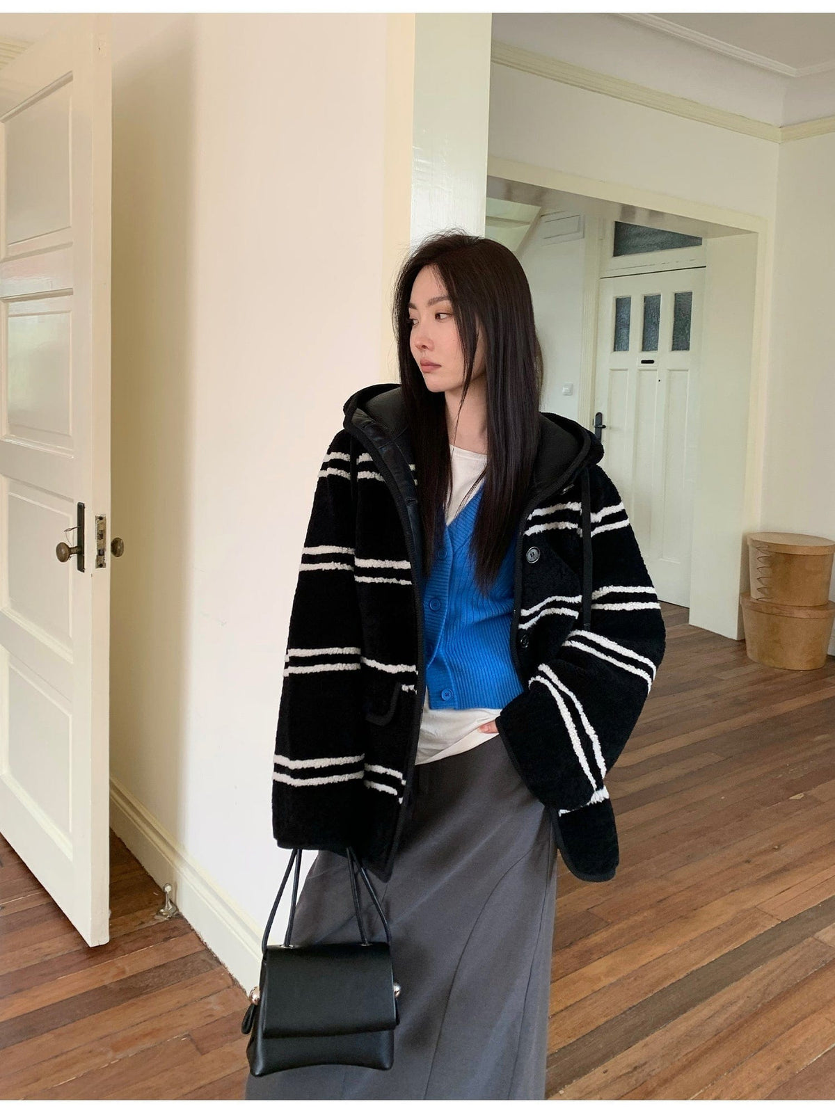 Fireladyfur Clothing Women's Fashion - Women's Clothing - Jackets & Coats - Real Fur Snowy New Year Merino Sheepskin Lamb Wool Striped Jacket