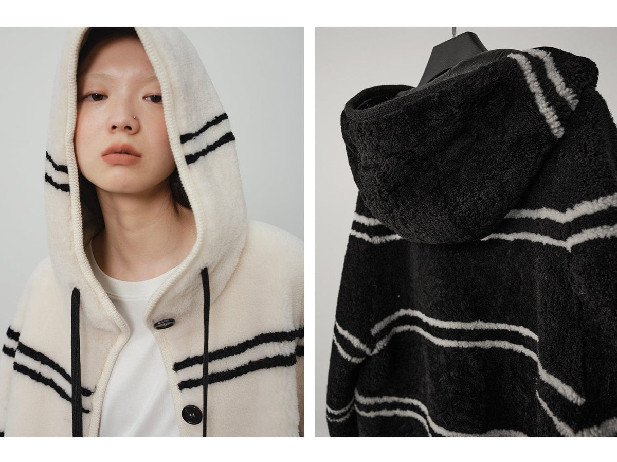 Fireladyfur Clothing Women's Fashion - Women's Clothing - Jackets & Coats - Real Fur Snowy New Year Merino Sheepskin Lamb Wool Striped Jacket