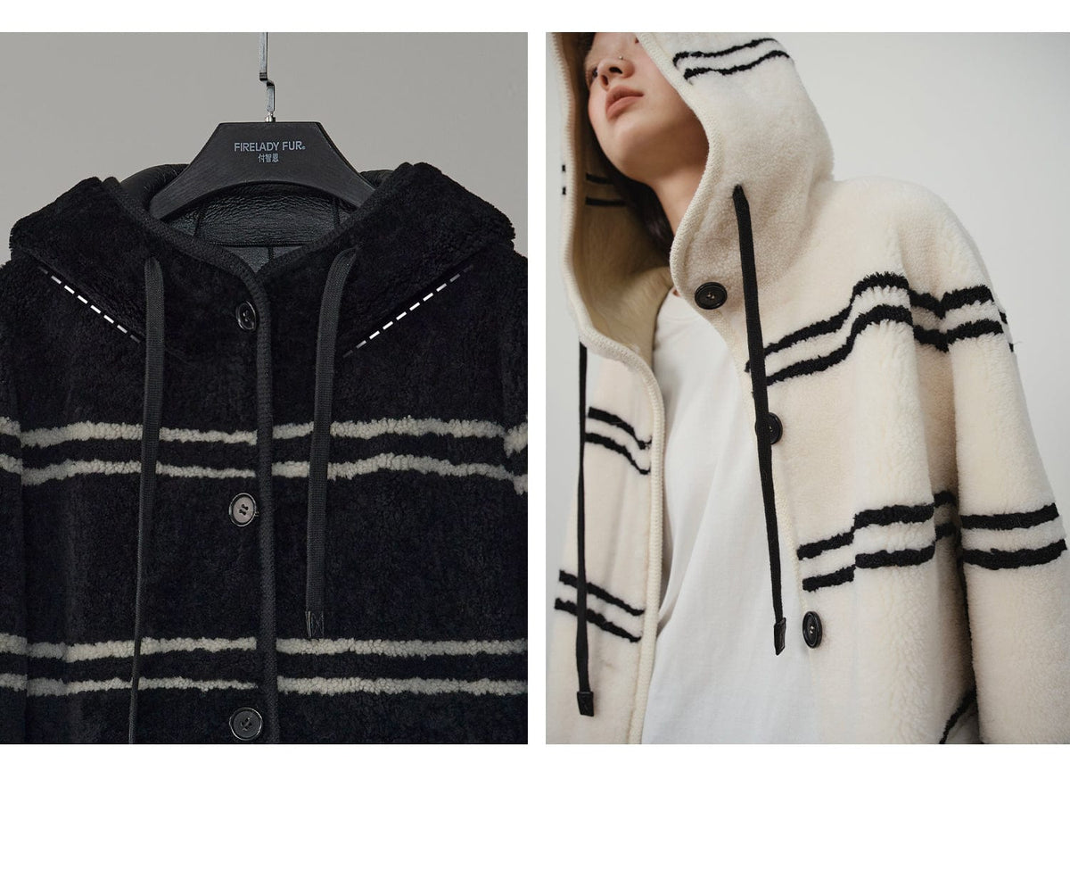 Fireladyfur Clothing Women's Fashion - Women's Clothing - Jackets & Coats - Real Fur Snowy New Year Merino Sheepskin Lamb Wool Striped Jacket