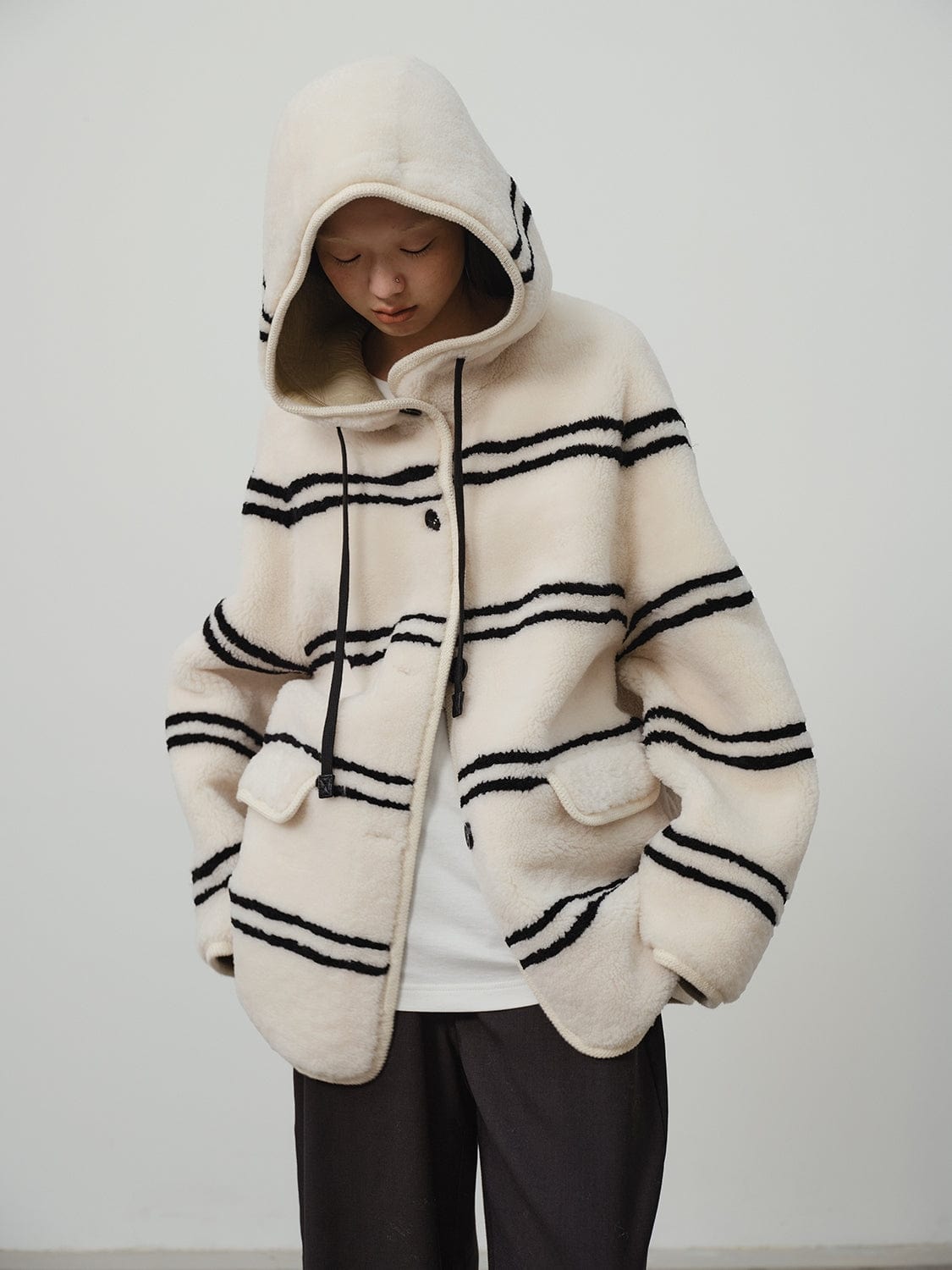 Fireladyfur Clothing Women's Fashion - Women's Clothing - Jackets & Coats - Real Fur Snowy New Year Merino Sheepskin Lamb Wool Striped Jacket