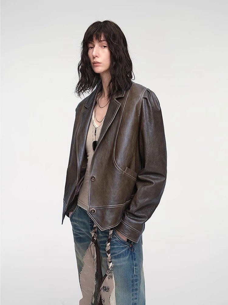 Fireladyfur Clothing Women's Fashion - Women's Clothing - Jackets & Coats - Real Fur "Vintage Old Stories" New Zealand Imported Waxed Sheepskin Distressed Short Leather Jacket