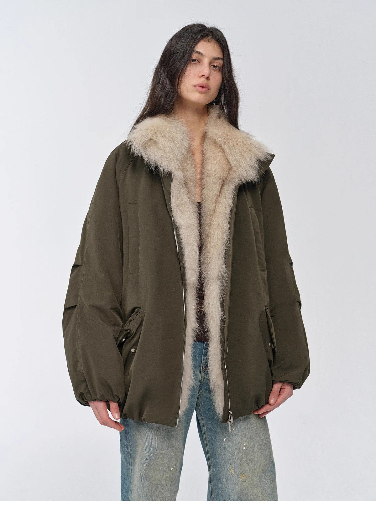 Fireladyfur Clothing Women's Fashion - Women's Clothing - Jackets & Coats - Real Fur "Warm Dialogue" Two-Tone Fox Fur Collar Detachable 90 Goose Down Jacket Mid-Length Down Parka