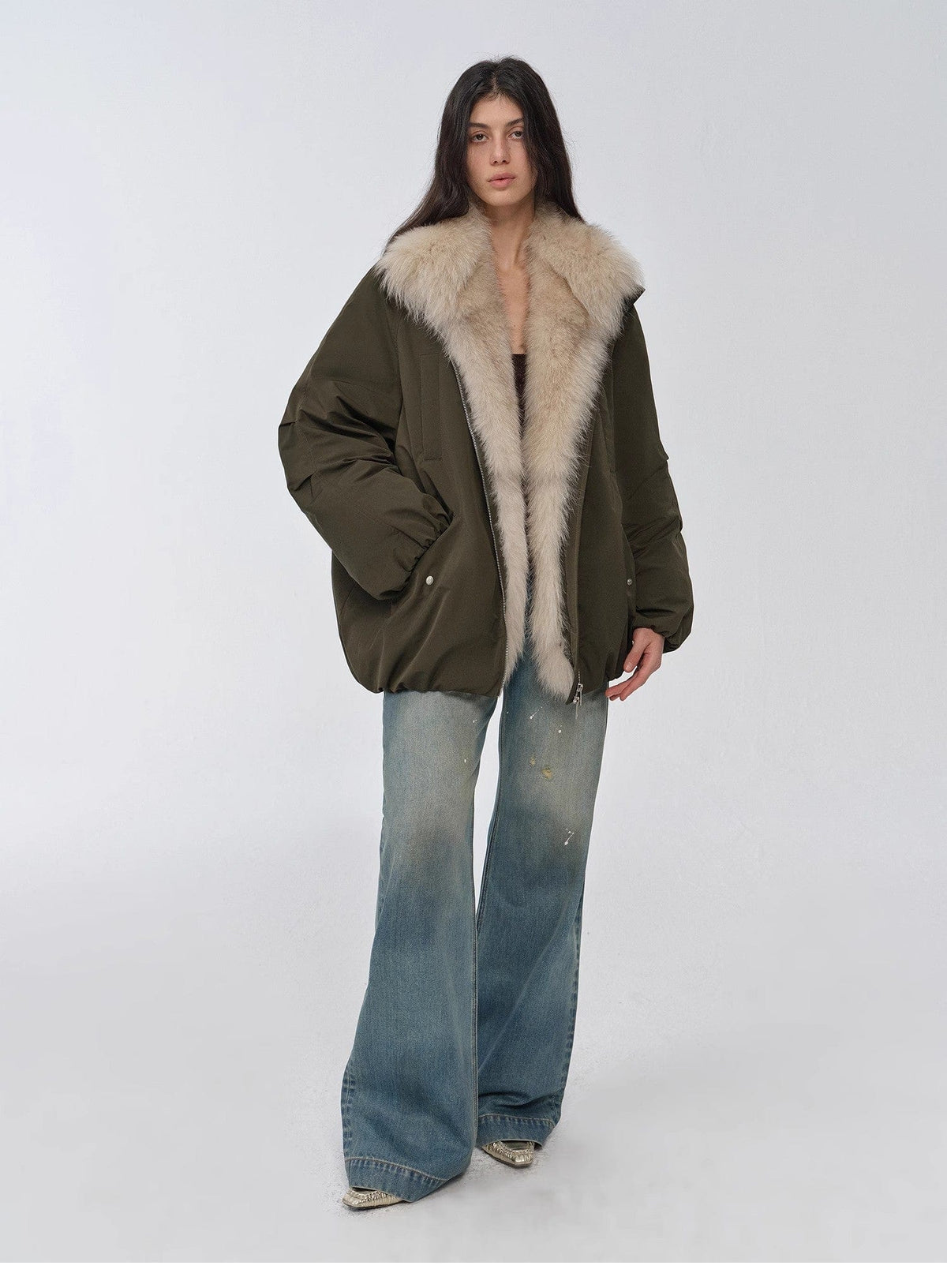 Fireladyfur Clothing Women's Fashion - Women's Clothing - Jackets & Coats - Real Fur "Warm Dialogue" Two-Tone Fox Fur Collar Detachable 90 Goose Down Jacket Mid-Length Down Parka