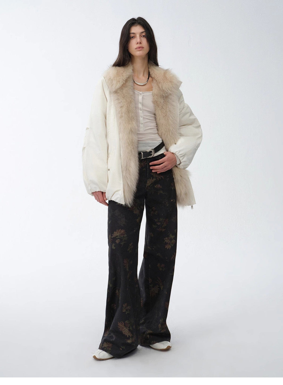 Fireladyfur Clothing Women's Fashion - Women's Clothing - Jackets & Coats - Real Fur "Warm Dialogue" Two-Tone Fox Fur Collar Detachable 90 Goose Down Jacket Mid-Length Down Parka