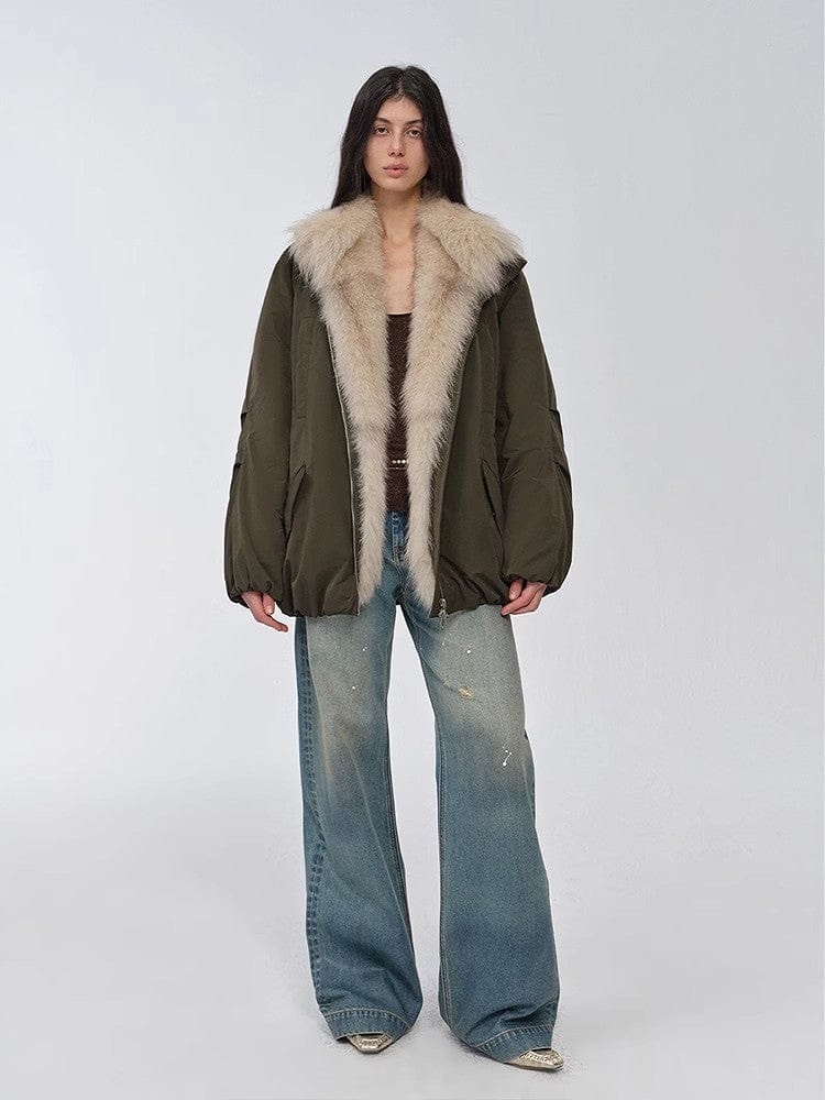 Fireladyfur Clothing Women's Fashion - Women's Clothing - Jackets & Coats - Real Fur "Warm Dialogue" Two-Tone Fox Fur Collar Detachable 90 Goose Down Jacket Mid-Length Down Parka