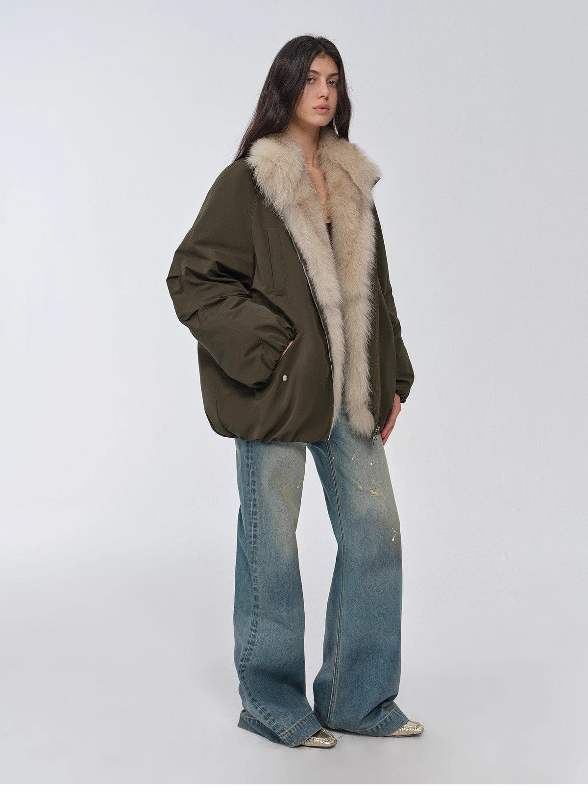 Fireladyfur Clothing Women's Fashion - Women's Clothing - Jackets & Coats - Real Fur "Warm Dialogue" Two-Tone Fox Fur Collar Detachable 90 Goose Down Jacket Mid-Length Down Parka