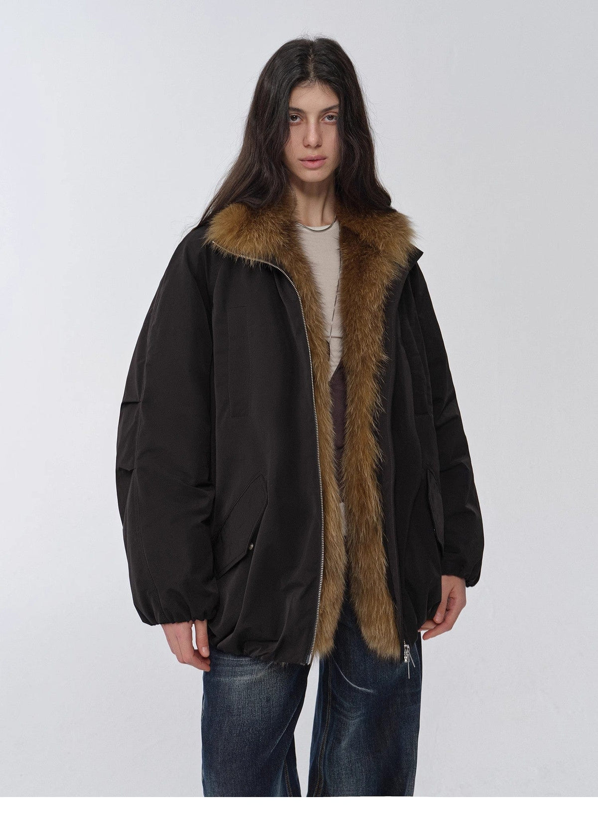 Fireladyfur Clothing Women's Fashion - Women's Clothing - Jackets & Coats - Real Fur "Warm Dialogue" Two-Tone Fox Fur Collar Detachable 90 Goose Down Jacket Mid-Length Down Parka