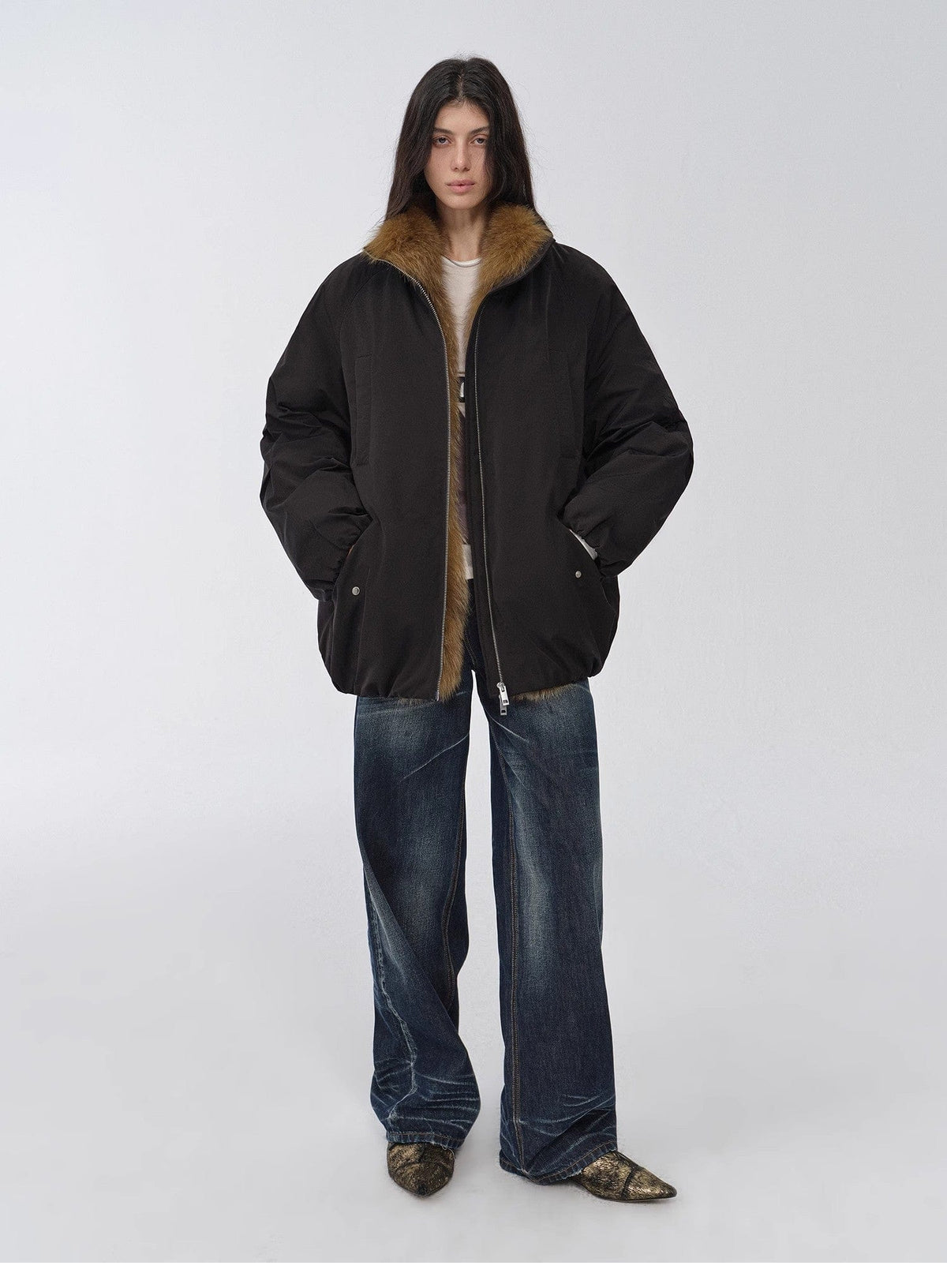 Fireladyfur Clothing Women's Fashion - Women's Clothing - Jackets & Coats - Real Fur "Warm Dialogue" Two-Tone Fox Fur Collar Detachable 90 Goose Down Jacket Mid-Length Down Parka