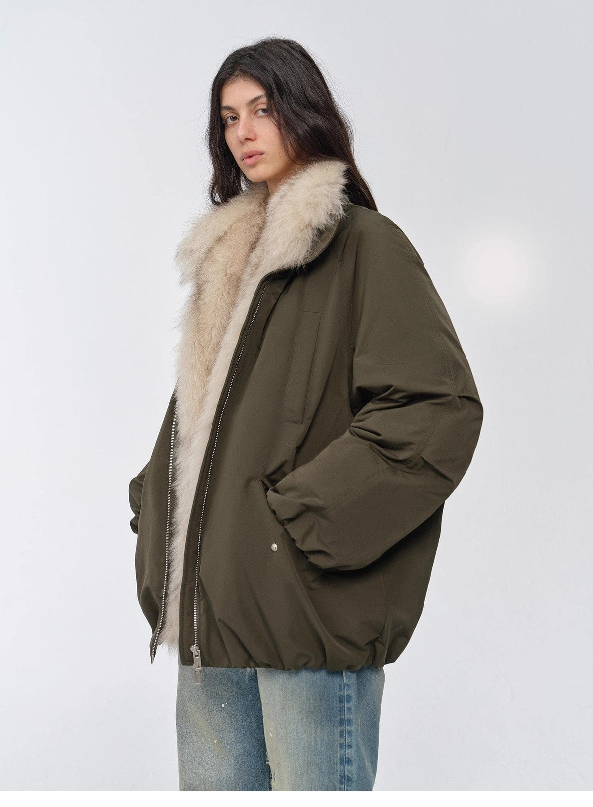 Fireladyfur Clothing Women's Fashion - Women's Clothing - Jackets & Coats - Real Fur "Warm Dialogue" Two-Tone Fox Fur Collar Detachable 90 Goose Down Jacket Mid-Length Down Parka