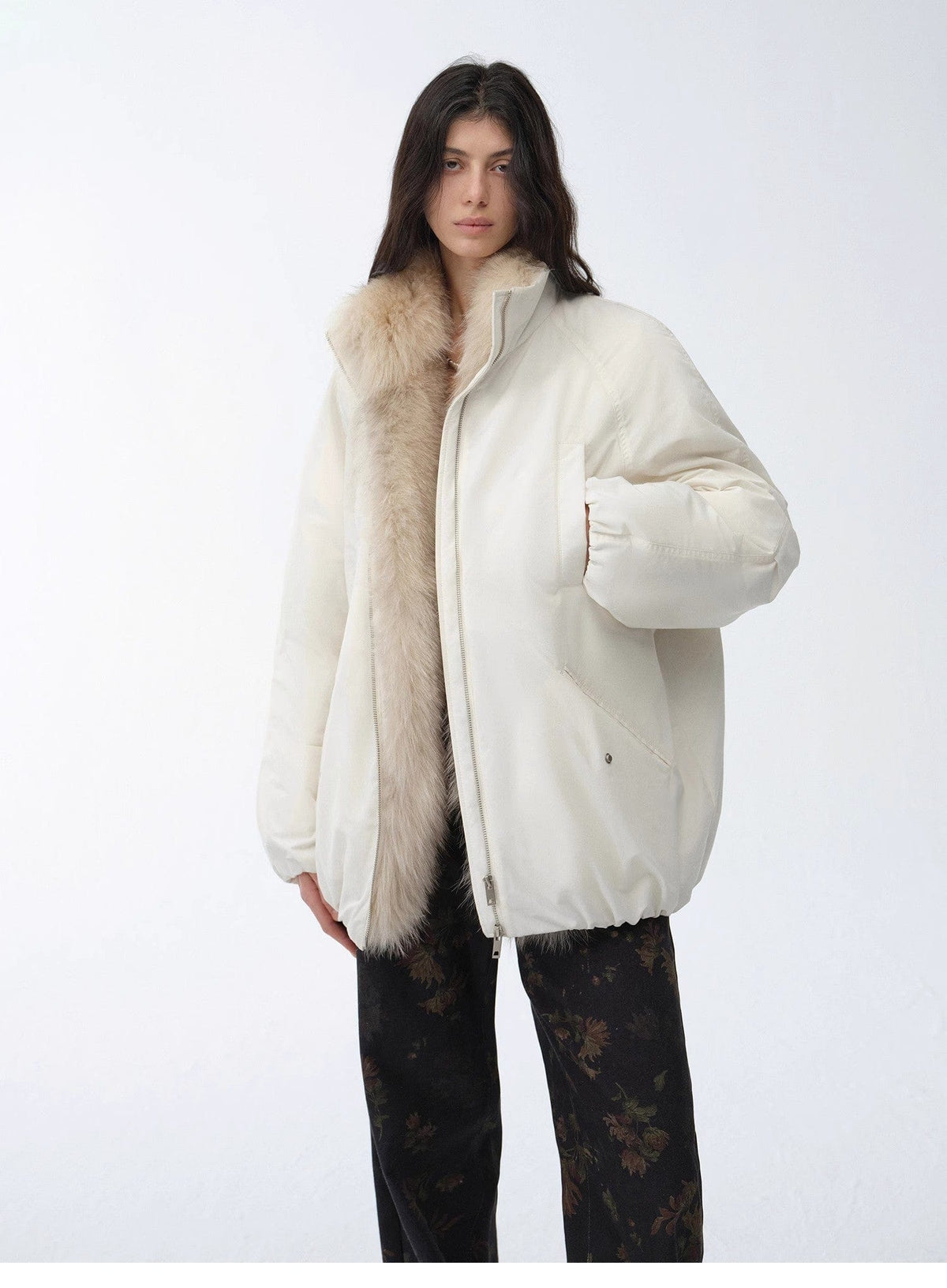 Fireladyfur Clothing Women's Fashion - Women's Clothing - Jackets & Coats - Real Fur "Warm Dialogue" Two-Tone Fox Fur Collar Detachable 90 Goose Down Jacket Mid-Length Down Parka