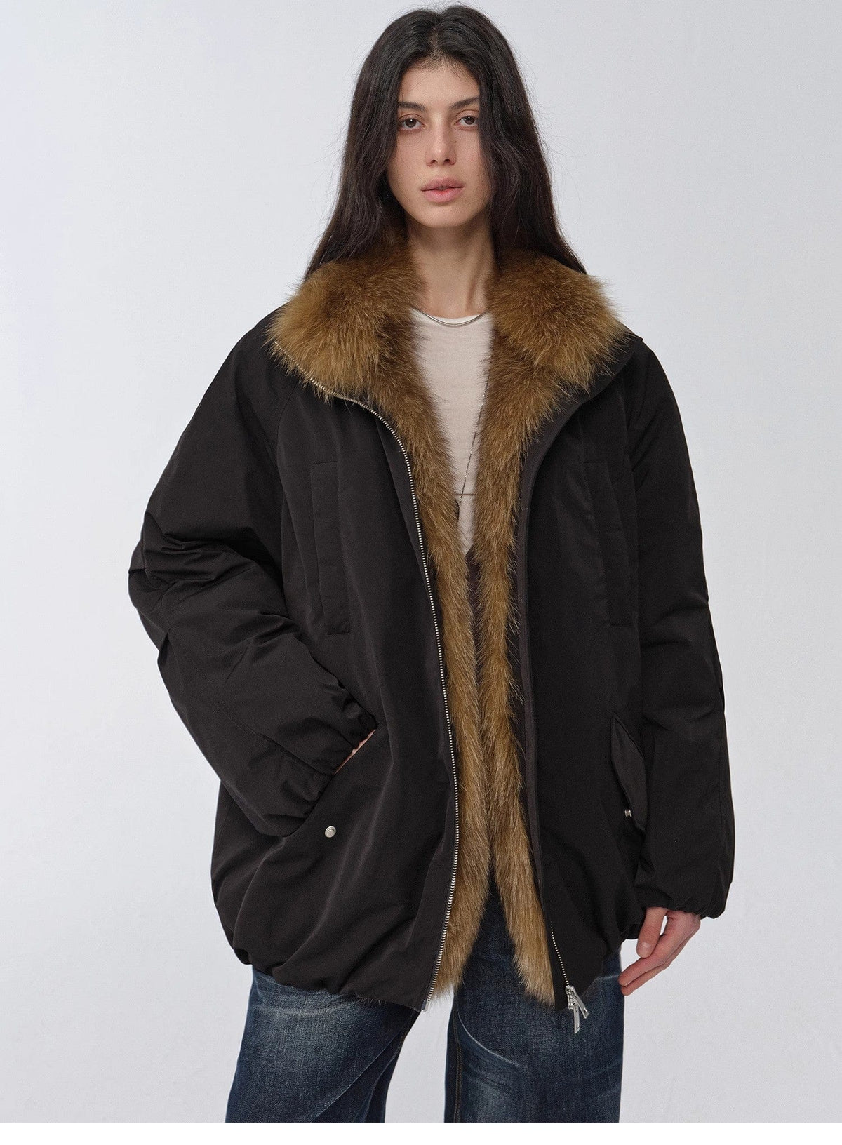 Fireladyfur Clothing Women's Fashion - Women's Clothing - Jackets & Coats - Real Fur "Warm Dialogue" Two-Tone Fox Fur Collar Detachable 90 Goose Down Jacket Mid-Length Down Parka