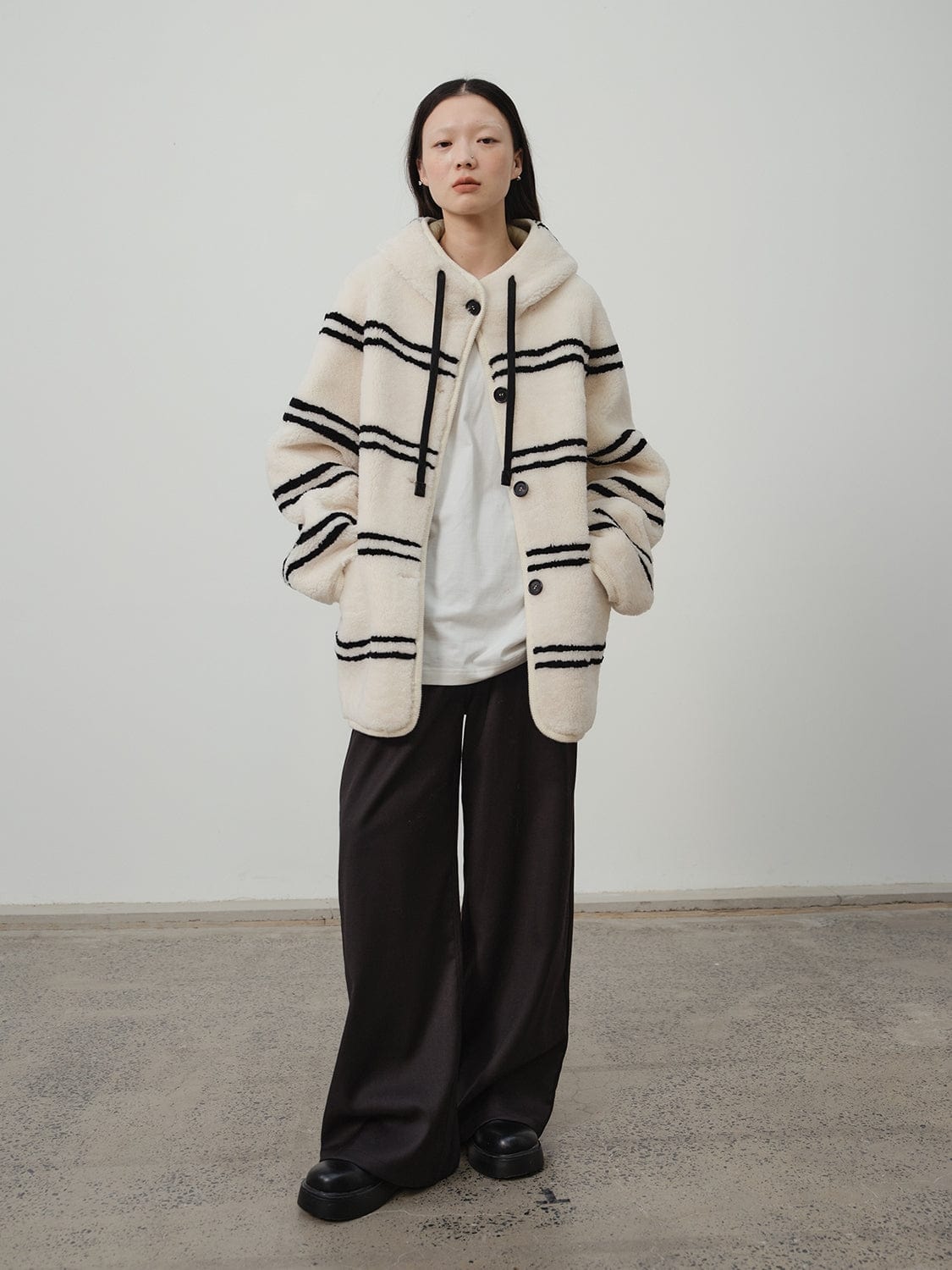Fireladyfur Clothing Women's Fashion - Women's Clothing - Jackets & Coats - Real Fur White Black Stripe / S（4-6） Snowy New Year Merino Sheepskin Lamb Wool Striped Jacket